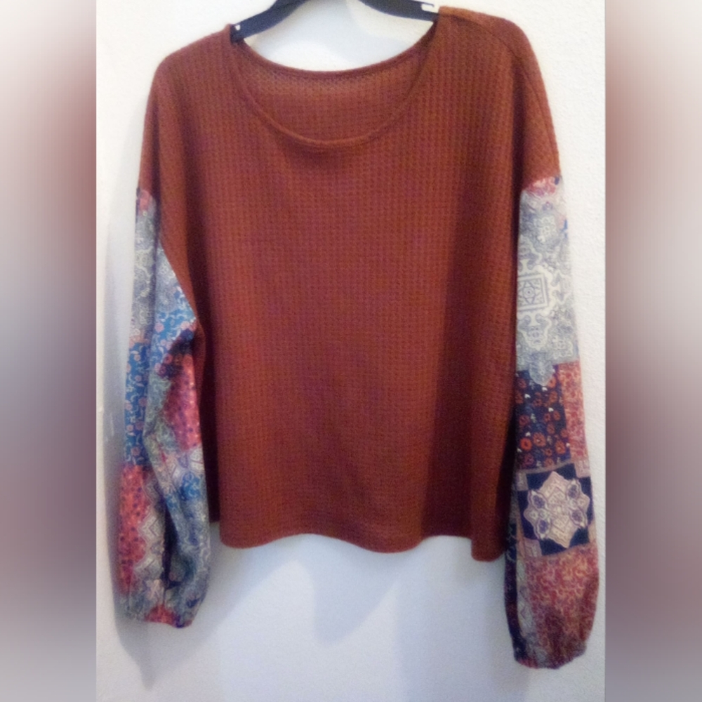SHEIN Waffle Knit Top With Floral Patchwork Bohemian Long Sleeve Size L Fall